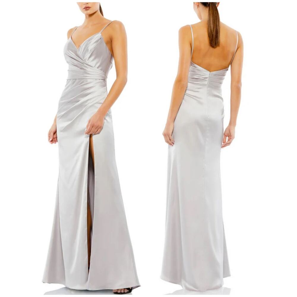 Mac Duggal NWT Sleeveless Faux Wrap Ruched Satin Gown Size 6 *Thread Pulls*